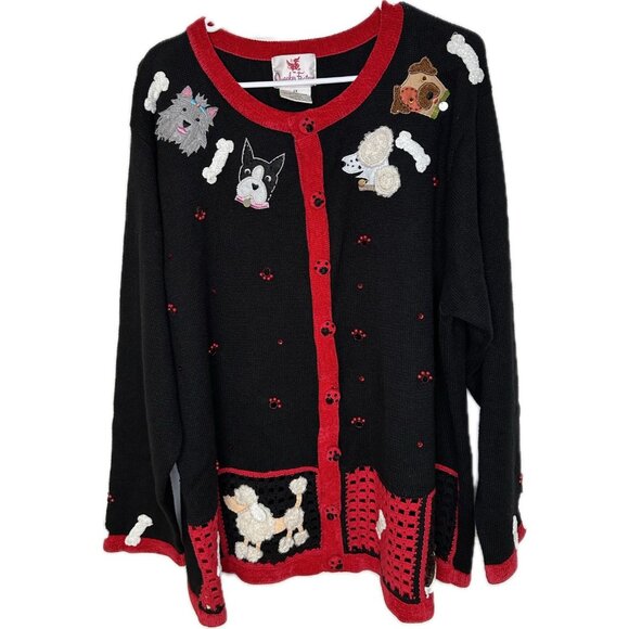 quaker factory Knit cardigan Dog Christmas Ugly Sweater Women’s 2X XXL Black - Picture 1 of 9